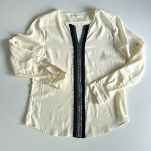 Calvin Klein Blouse Size S V Neck Silver Black Striped Detail Front